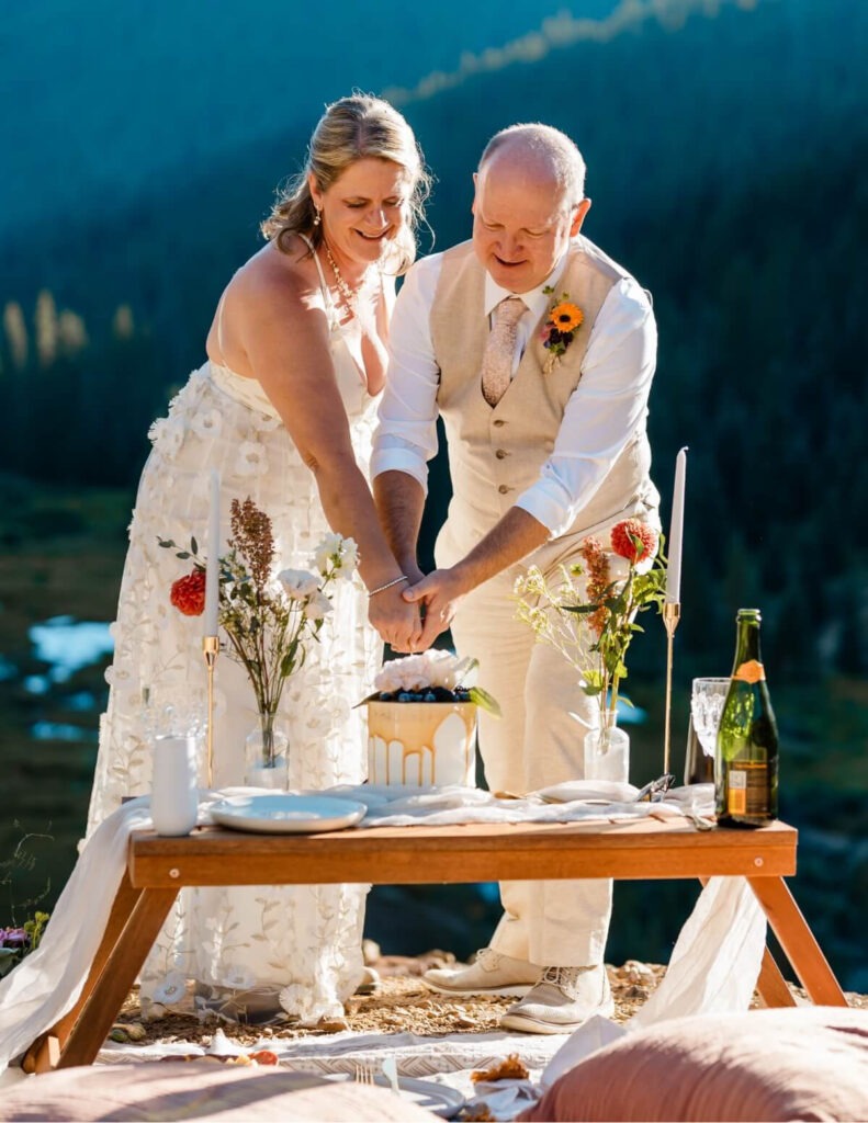 A newlywed couple cutting a small cake together as they stand in the mountains